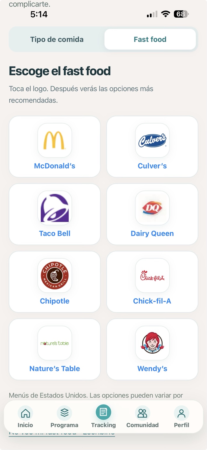 Vista real de las opciones de fast food de la aplicación