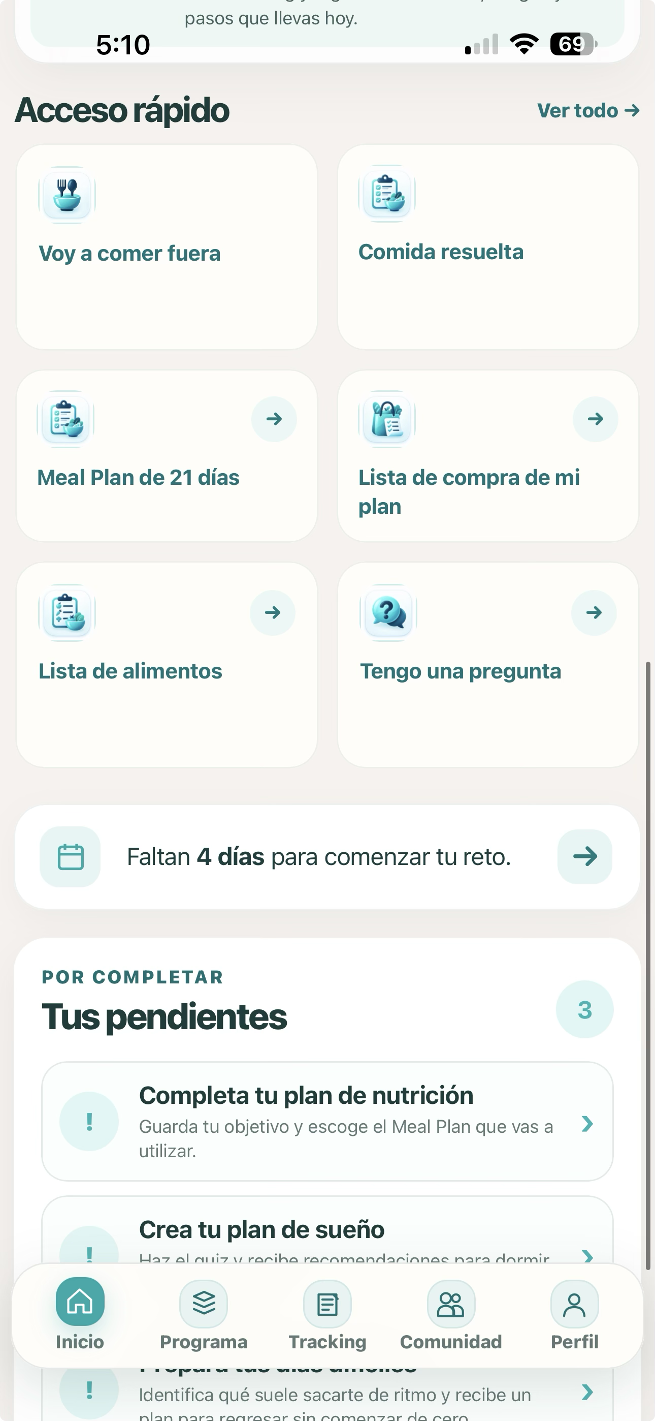 Vista real de los accesos rápidos de la aplicación